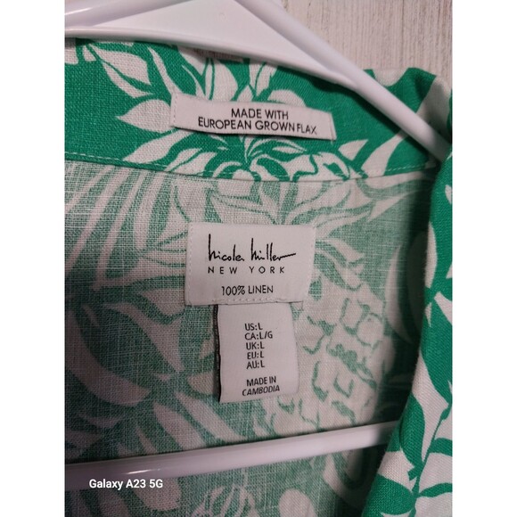 Nicole Miller Linen Top Women's Large Button Up Shirt Short Sleeve Floral Green - Picture 4 of 6